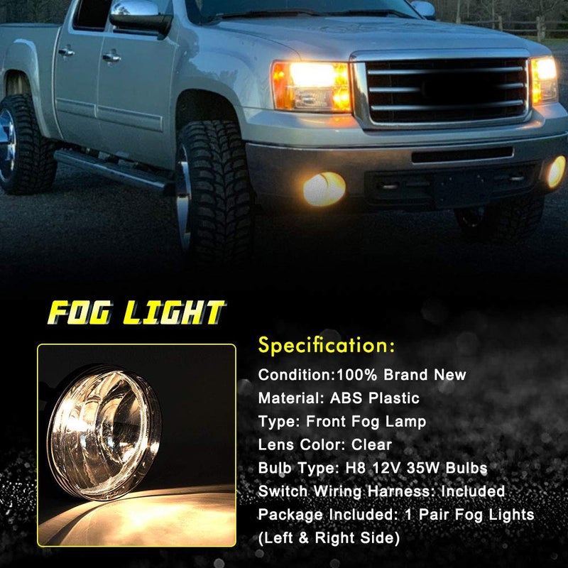 TOPSCOPE Fog Lights Replacement for 2007-2013 GMC Sierra 1500 2007-2014 GMC Sierra 2500HD 3500HD Fog Lamps with Clear Lens H8 12V 35W Halogen Bulbs Universal Switch and Wiring Kit 25831948,GM2592161 Clear Lens - Image 4
